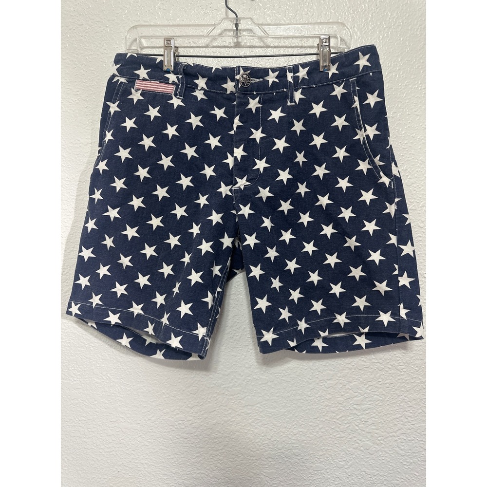 Betabrand Mens Star Print Chino Shorts Navy Blue White Patriotic Americana 32